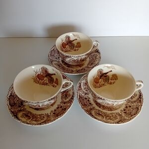3 Vintage Johnson Bros Wild Turkeys Brown Transferware Teacup & Saucer Sets